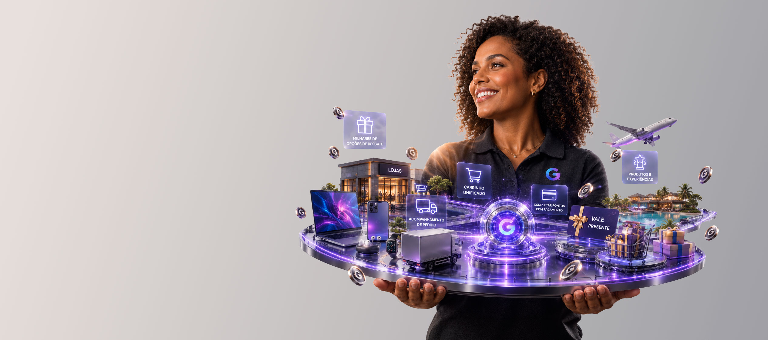Mulher segurando uma plataforma de resgates com lojas, produtos, vale-presente, carrinho unificado e experiências