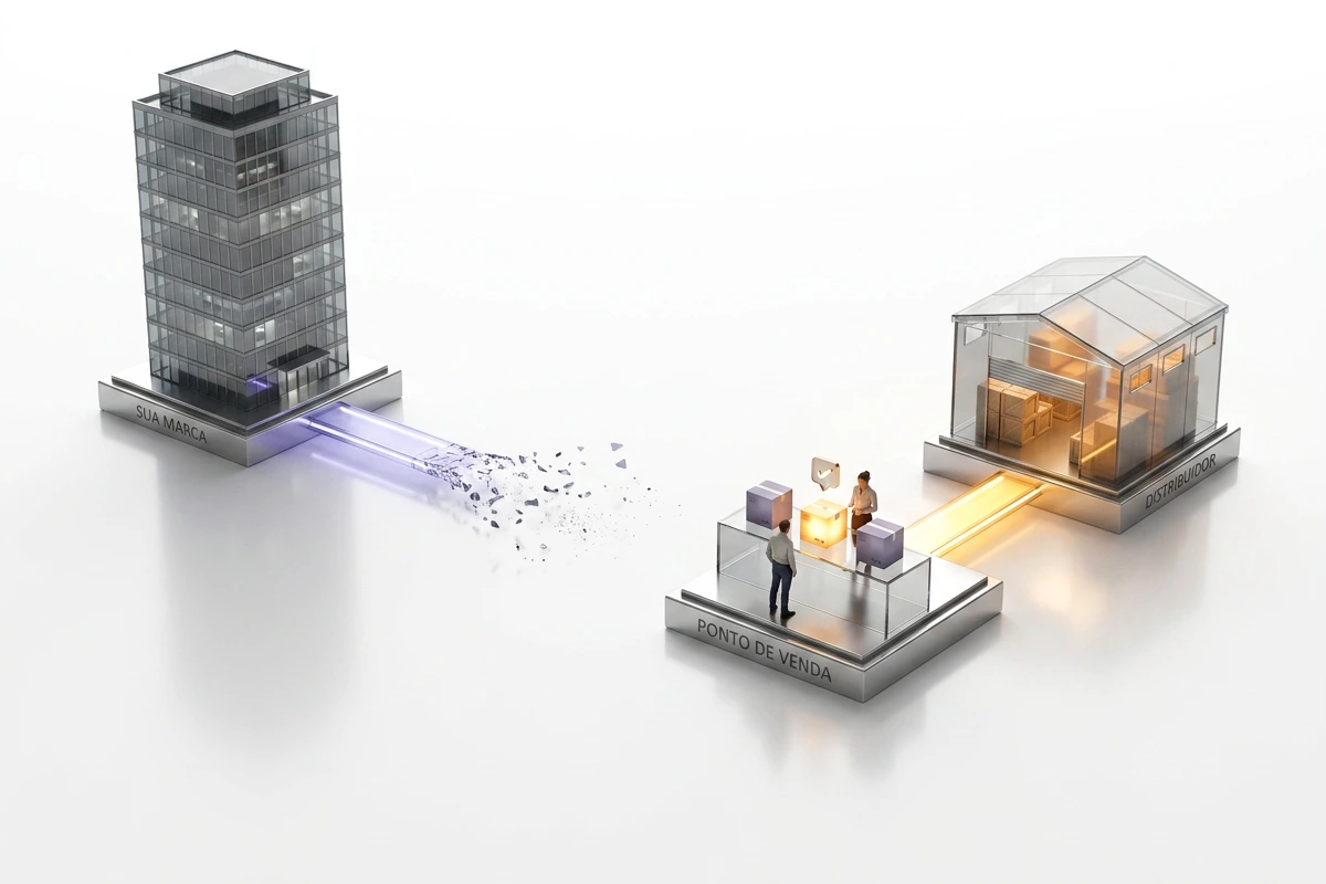Diorama mostrando a marca distante e apagada, com o feixe de luz partindo dela e se estilhaçando antes de chegar, enquanto o distribuidor e o ponto de venda ficam próximos e conectados por uma luz âmbar contínua