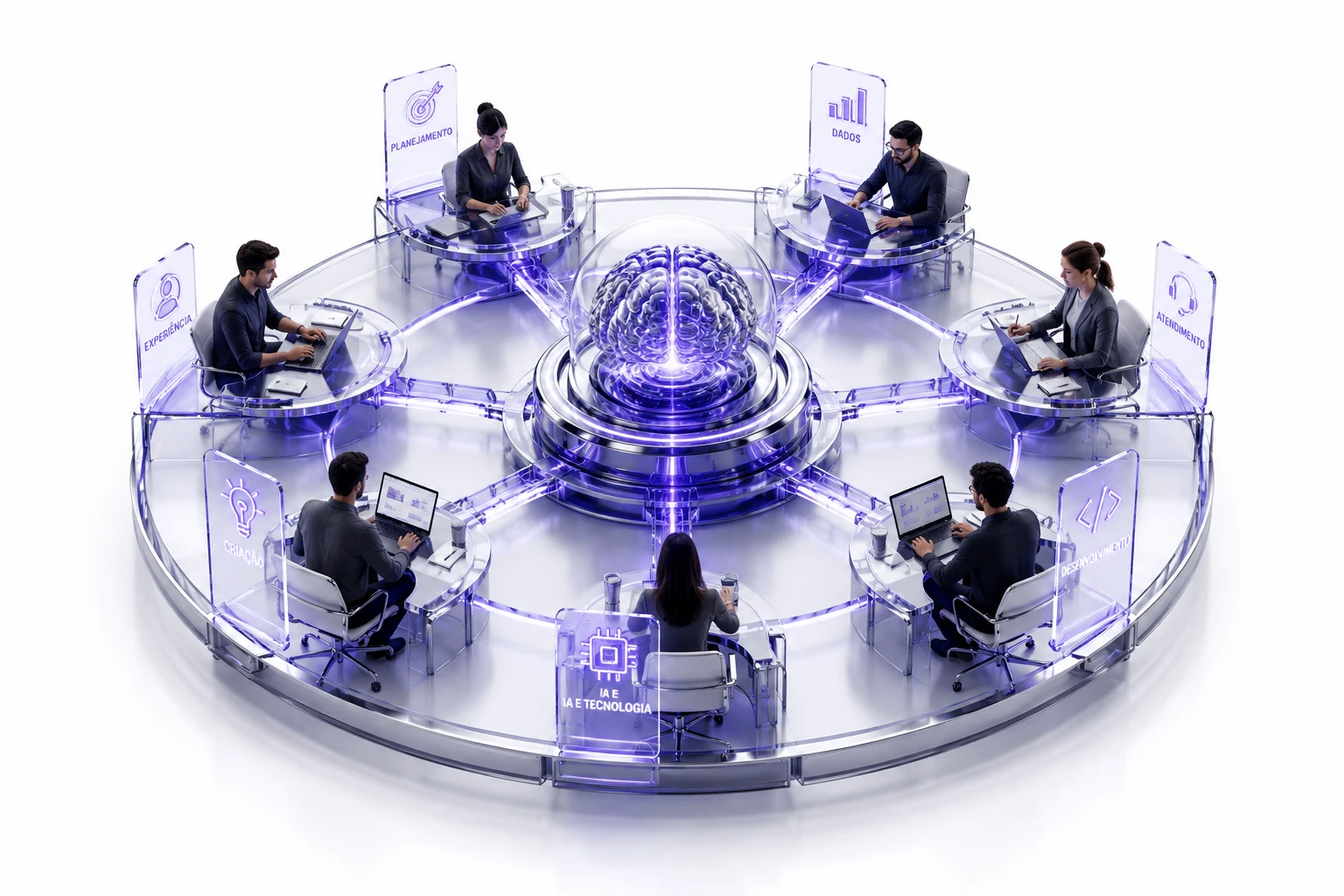 Mesa circular com oito especialistas trabalhando ao redor de um cérebro central, representando planejamento, dados, criação, desenvolvimento, IA e tecnologia, atendimento e experiência sob a mesma governança