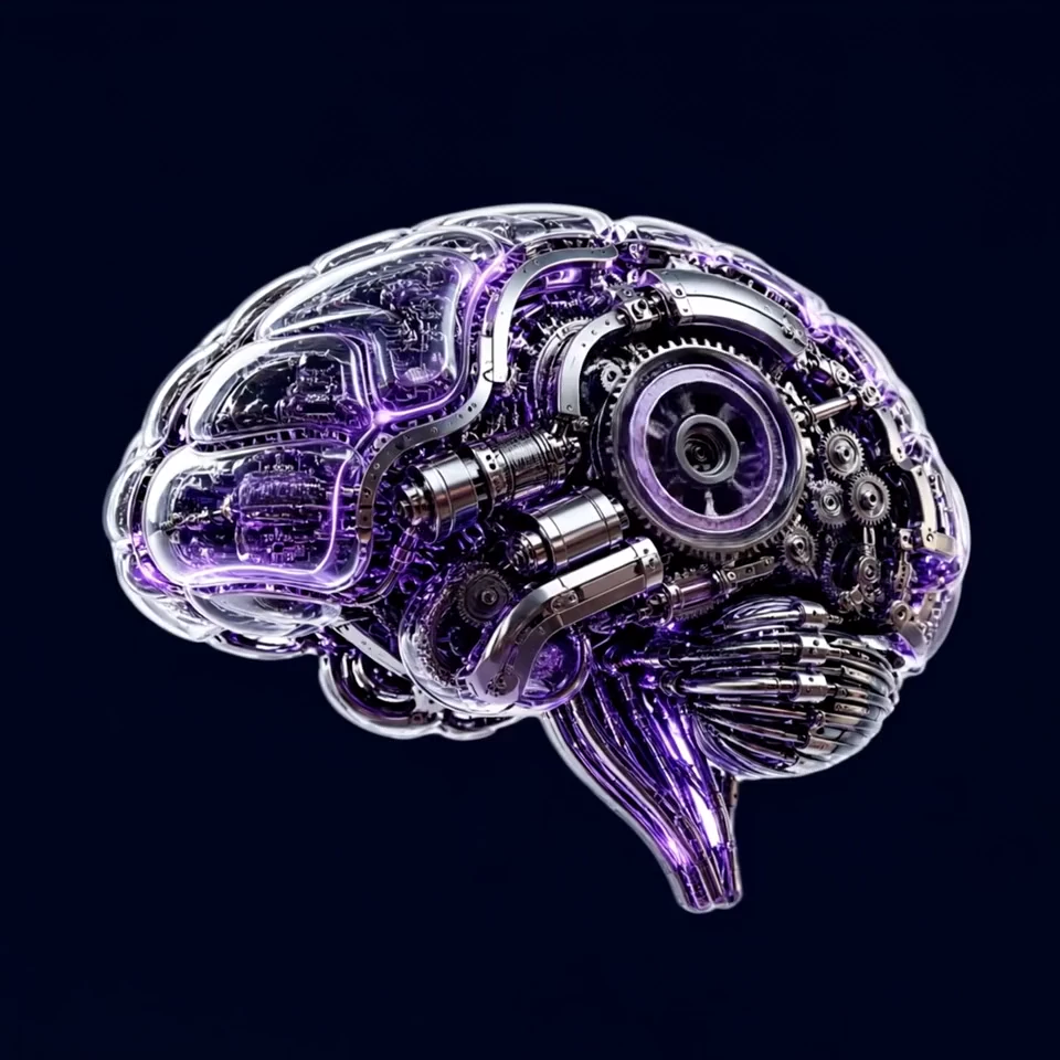 Cérebro mecânico iluminado em roxo, representando a engenharia por trás da Geek Group
