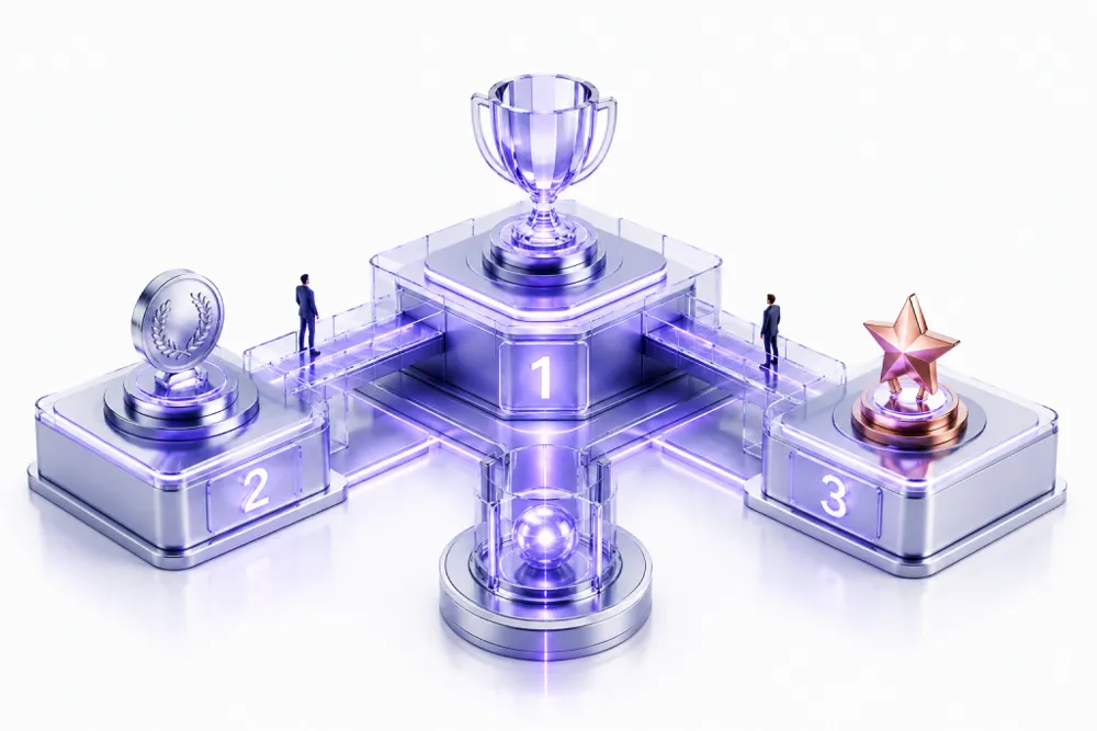 Pódio com troféus e apenas duas pessoas alcançando o topo, representando quem fica de fora do reconhecimento