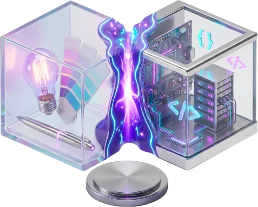 Dois cubos de vidro se fundindo, um com objetos de criação e outro com tecnologia, unidos por uma faísca roxa