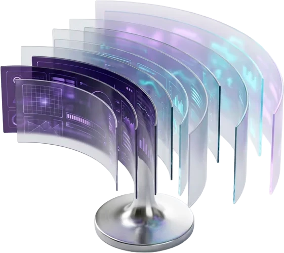 Leque de dezenas de telas de vidro com painéis luminosos, sugerindo centenas de plataformas