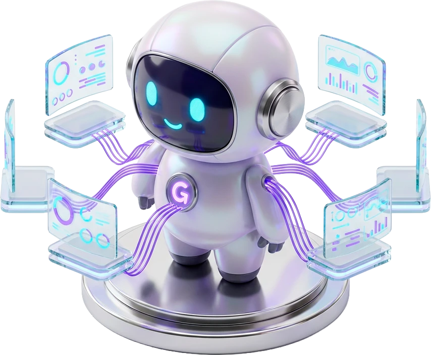 Robô mascote da Geek ligado por fios luminosos a módulos de vidro ao redor, representando a IA em toda a plataforma